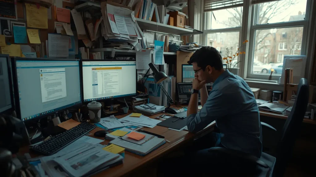 Small business owner overwhelmed by paperwork before switching to workflow automation tools.