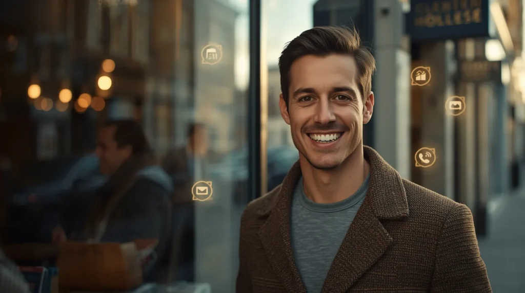 UK small business owner confidently using automation tools outside their shop.