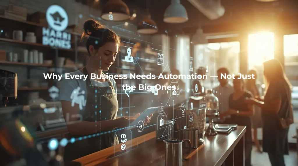Small business owner calmly managing a shop or studio with subtle digital automation visuals integrated into the real environment.