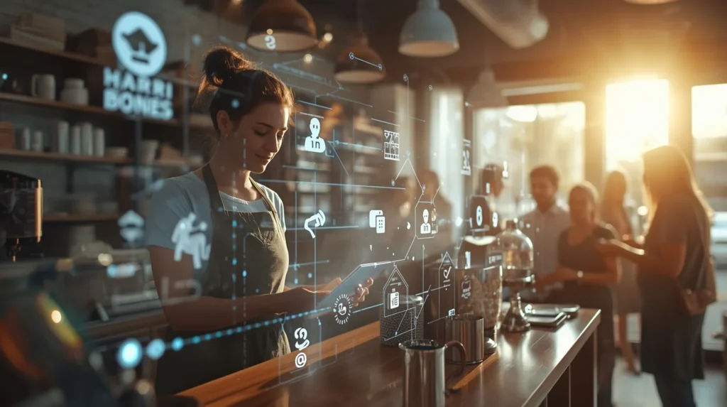 Small business owner calmly managing a shop or studio with subtle digital automation visuals integrated into the real environment.