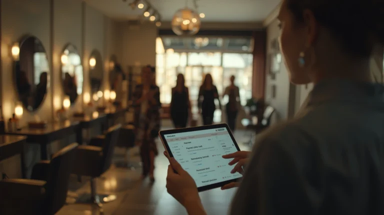 Salon manager viewing automated payments, loyalty tracking, and client engagement reports powered by Fixxable automation.