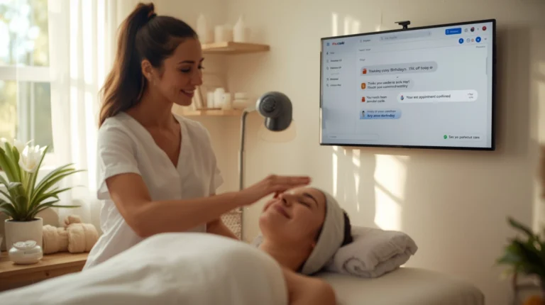 Spa therapist using Fixxable automation to send personalised messages and reminders through the beauty salon automation system.