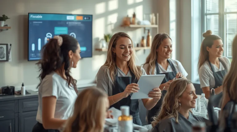 Salon team improving workflow efficiency with Fixxable automation and wellness centre management system tools.