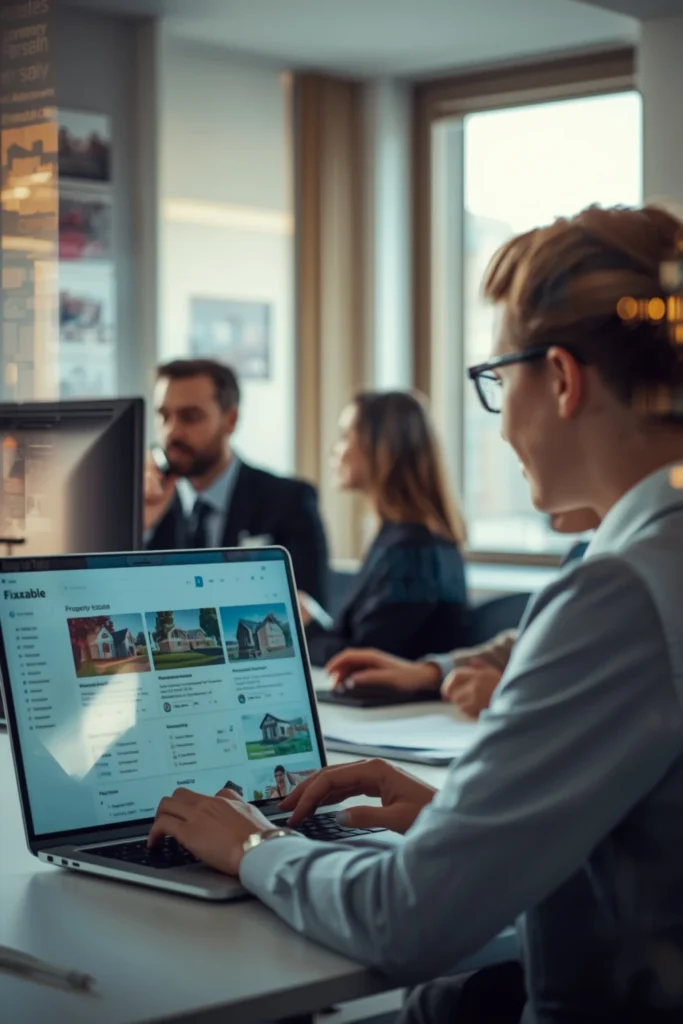 Team of estate agents managing property listings and leads using Fixxable’s real estate CRM for UK agents — illustrating property management automation platform.