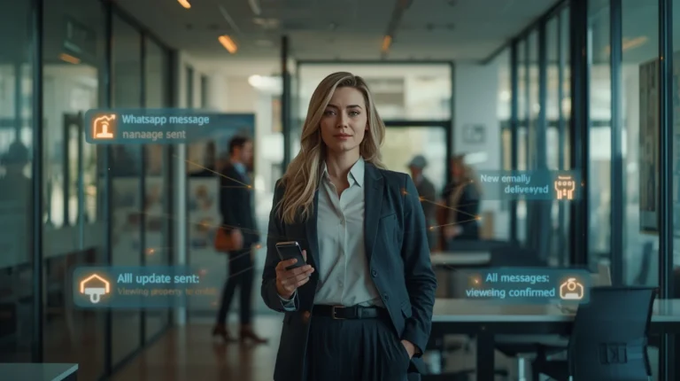 Female estate agent checking Fixxable automation notifications for viewings and emails — showing automated client communication for estate agents in the UK.
