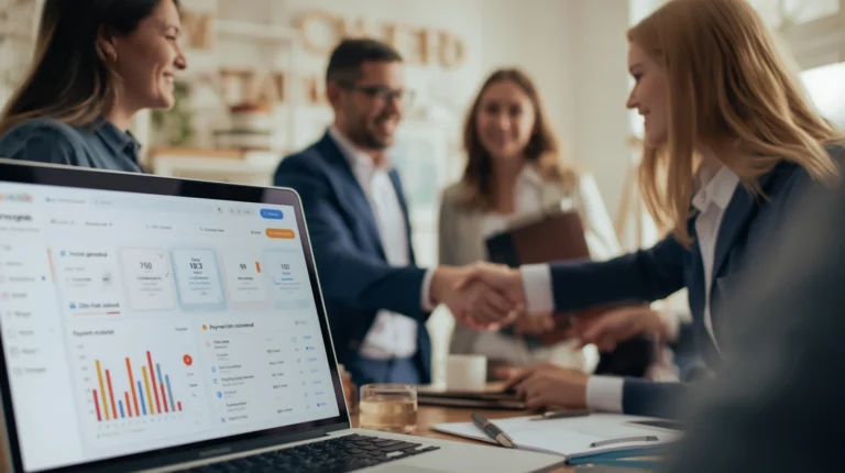 Estate agency team finalising property deals with Fixxable automation dashboard — displaying real estate CRM and property management automation efficiency.