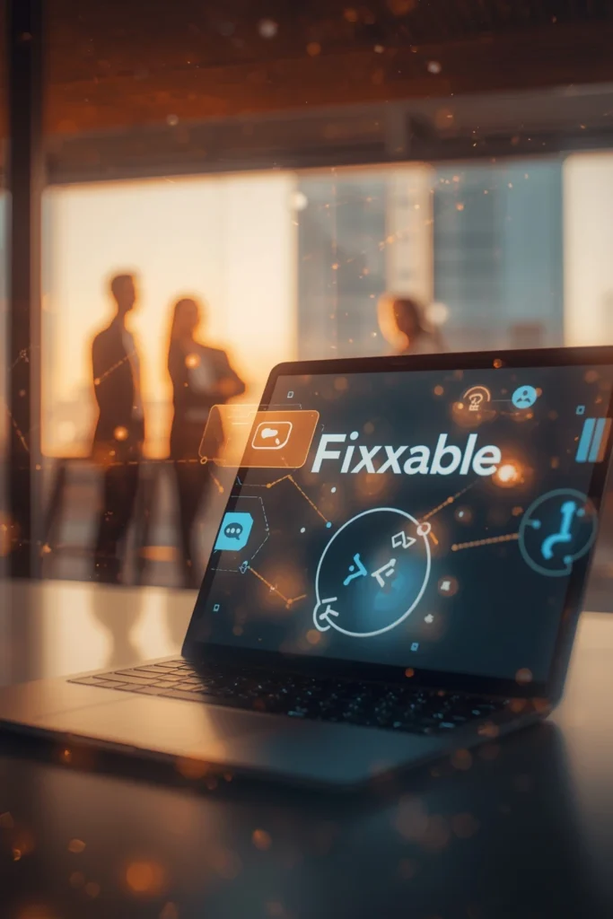 Business automation help from Fixxable support team collaborating on a laptop Automation support team reviewing CRM dashboards for UK businesses