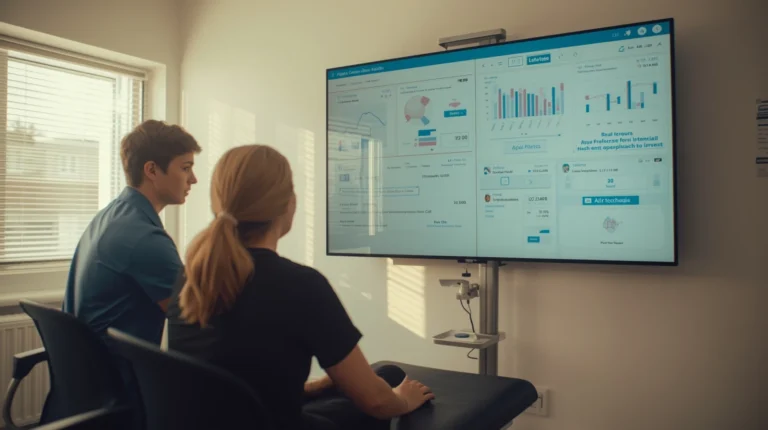 Physiotherapist reviewing Fixxable clinic management system dashboard for appointments, billing, and communication automation.