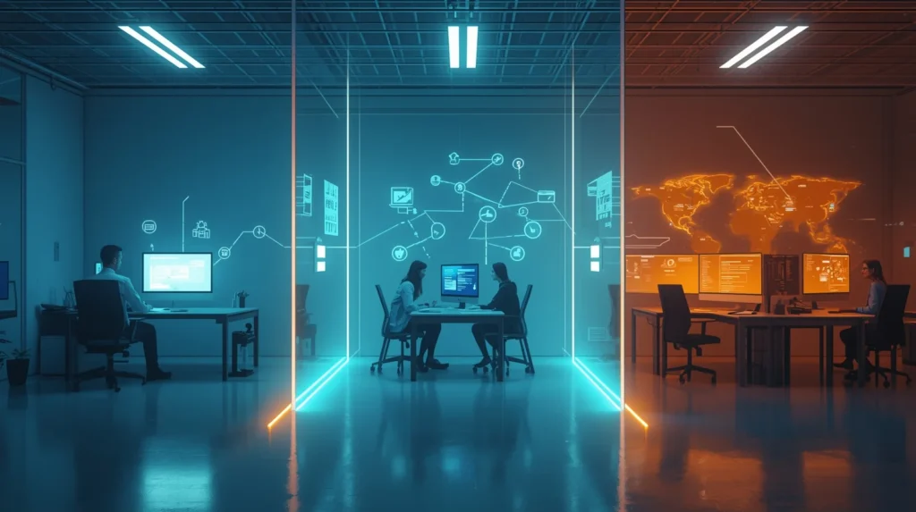 Photorealistic image of a modern office environment showing the evolution of Fixxable business automation plans from single-user setup to advanced multi-screen enterprise automation.