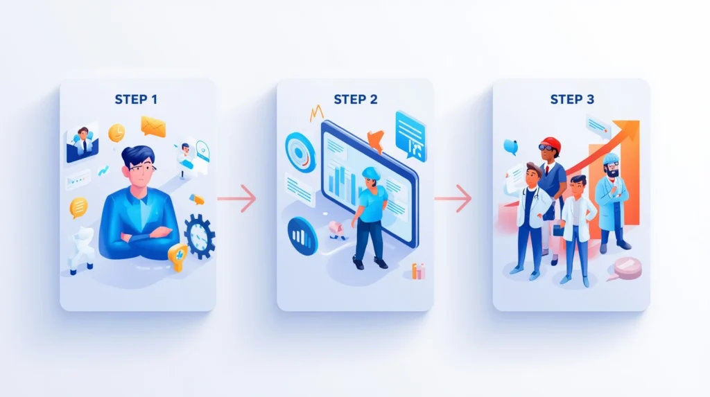 Modern 3D-style illustration showing Fixxable business automation in three steps — Step 1 automation icons, Step 2 CRM dashboard, Step 3 UK professionals achieving business growth.