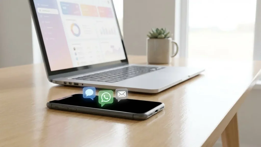 Automation to chase clients using SMS, WhatsApp, and email notifications shown on a mobile phone and laptop workspace