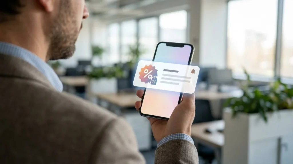 Person holding phone showing automated offer alert demonstrating automation to chase clients and chasing clients automatically.