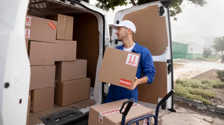 Removal company worker loading boxes into a van during a house move