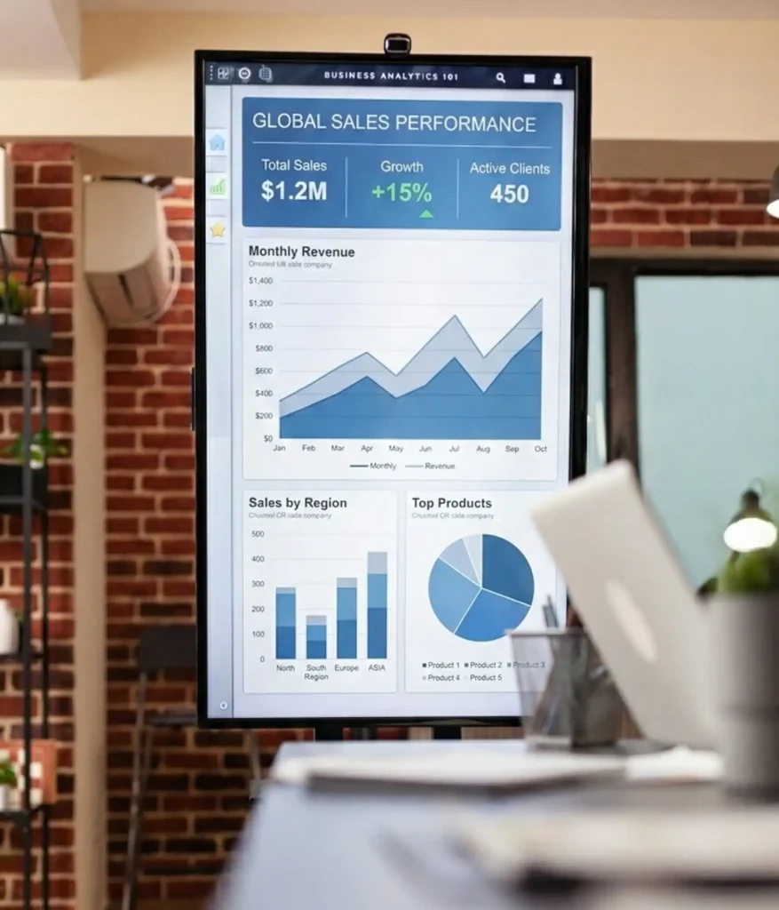 Sales and marketing analytics dashboard displaying revenue growth, client metrics and performance charts