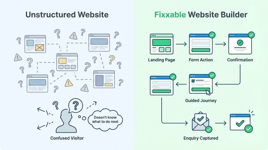 Before and after comparison showing how Fixxable’s website builder turns unstructured pages into guided journeys that convert visitors into enquiries.