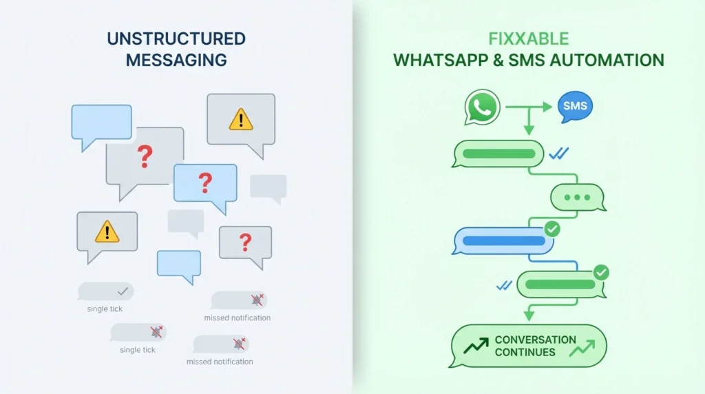 Before and after comparison showing how Fixxable WhatsApp and SMS marketing turns scattered messages into structured conversations that get seen and responded to.