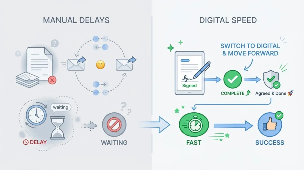Document signing comparison showing slow manual paperwork versus fast digital signing and completion