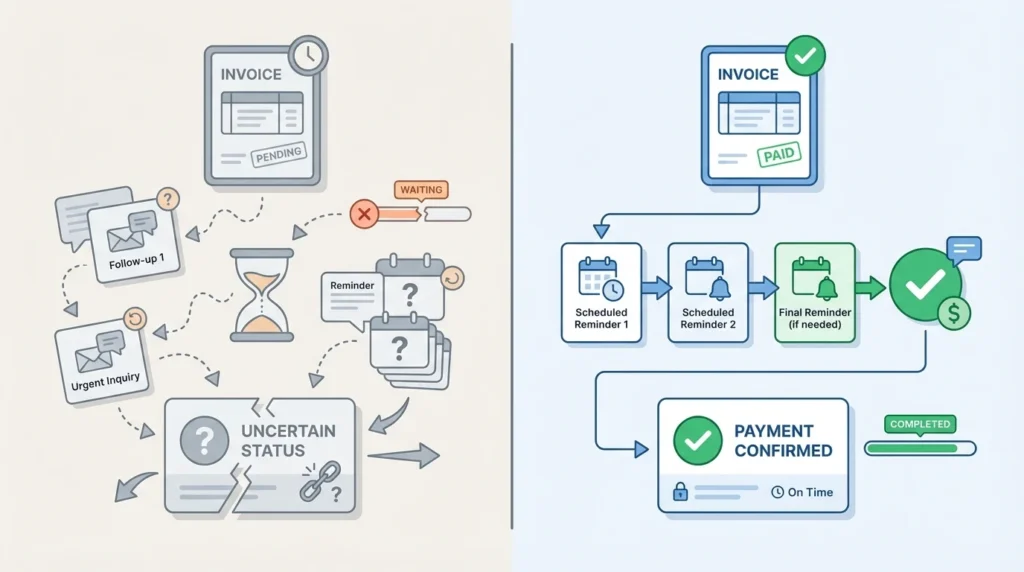 Payment automation comparison showing manual invoice follow-ups with uncertain status versus automated reminders leading to confirmed payments