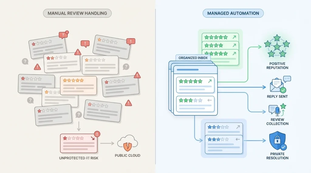 Reviews and reputation management comparison showing manual review handling versus managed automation with organised responses and positive reputation
