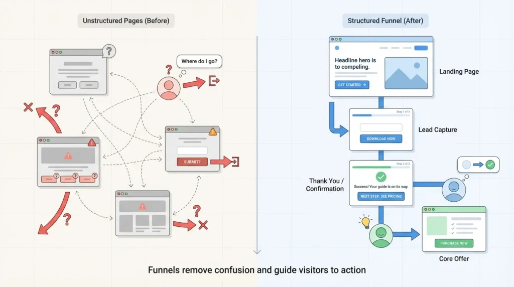 Sales funnels guiding visitors from multiple traffic sources through structured landing pages into confirmed leads automatically