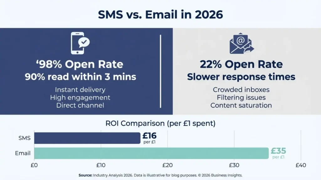 Infographic comparing SMS marketing open rates vs email open rates for UK businesses in 2026 — text message marketing statistics