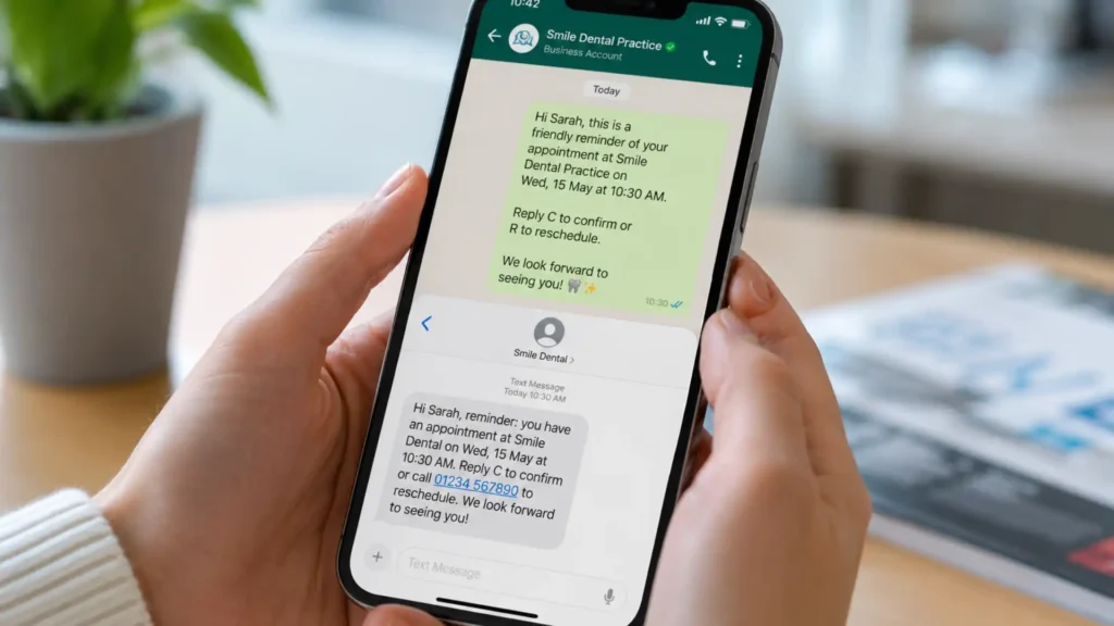 Automated appointment reminders sent via WhatsApp and SMS for dental practice scheduling