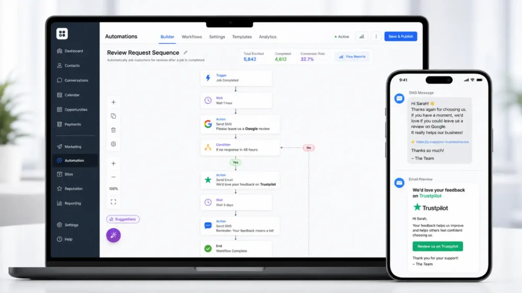 Automated review requests workflow — SMS and email sequence for Google and Trustpilot on a mobile and laptop screen