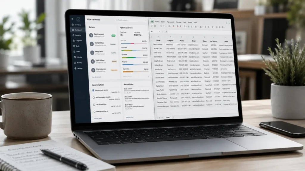CRM vs spreadsheet for small business — comparing customer management tools on a laptop