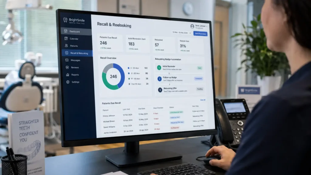 Dental practice scheduling dashboard showing patient recall and rebooking nudge automation
