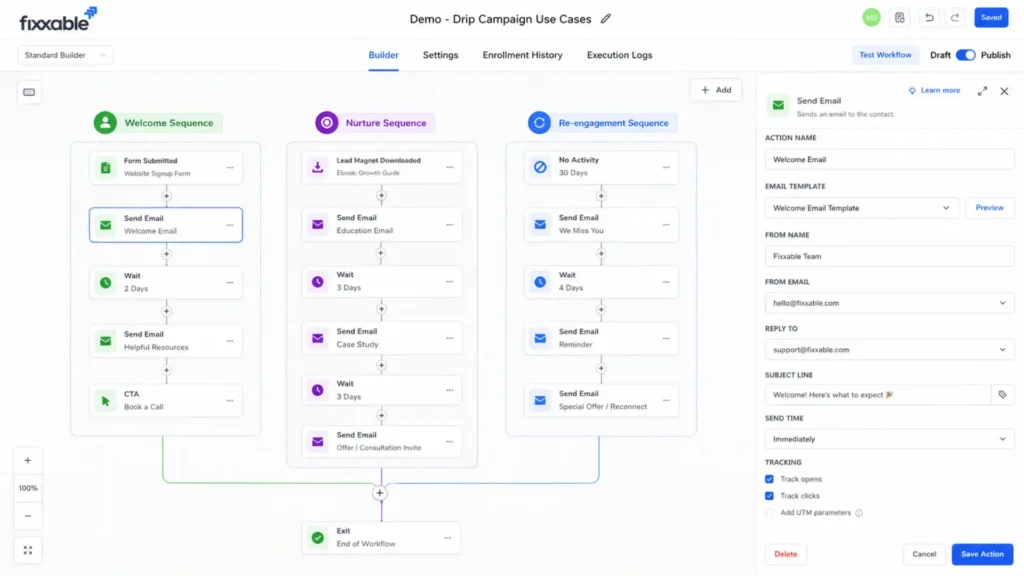 Drip campaign use cases — email automation workflow diagram showing welcome, nurture and re-engagement sequences
