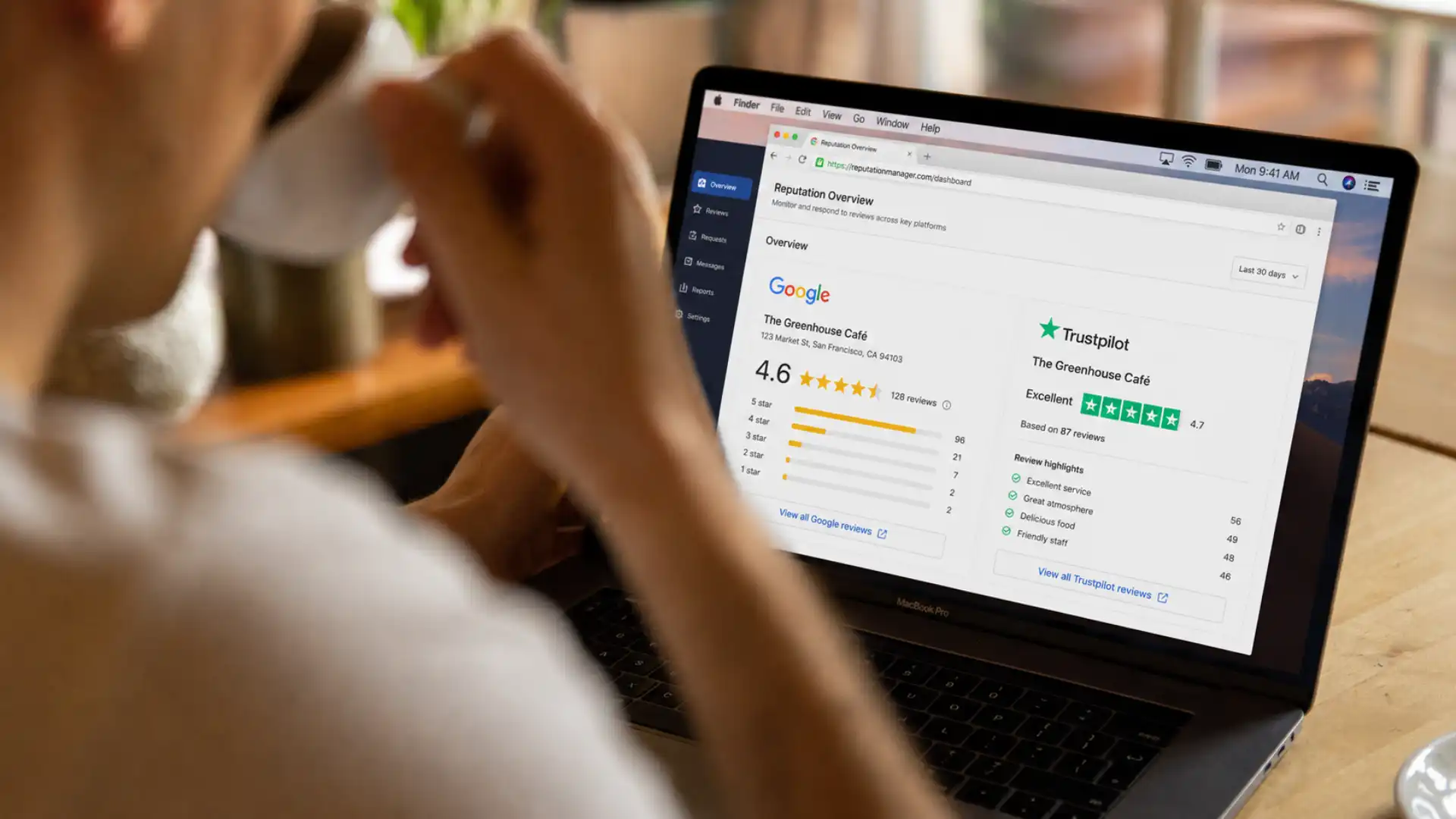 How to get more five-star reviews on autopilot — business owner checking Google and Trustpilot ratings on a laptop