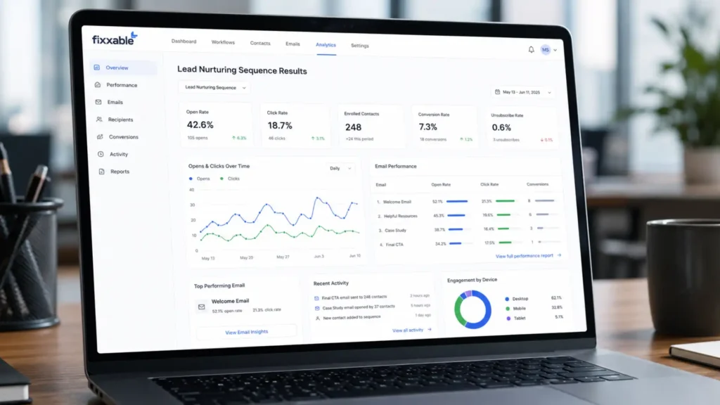 Lead nurturing email sequence results — open rate and click rate analytics dashboard on a laptop screen