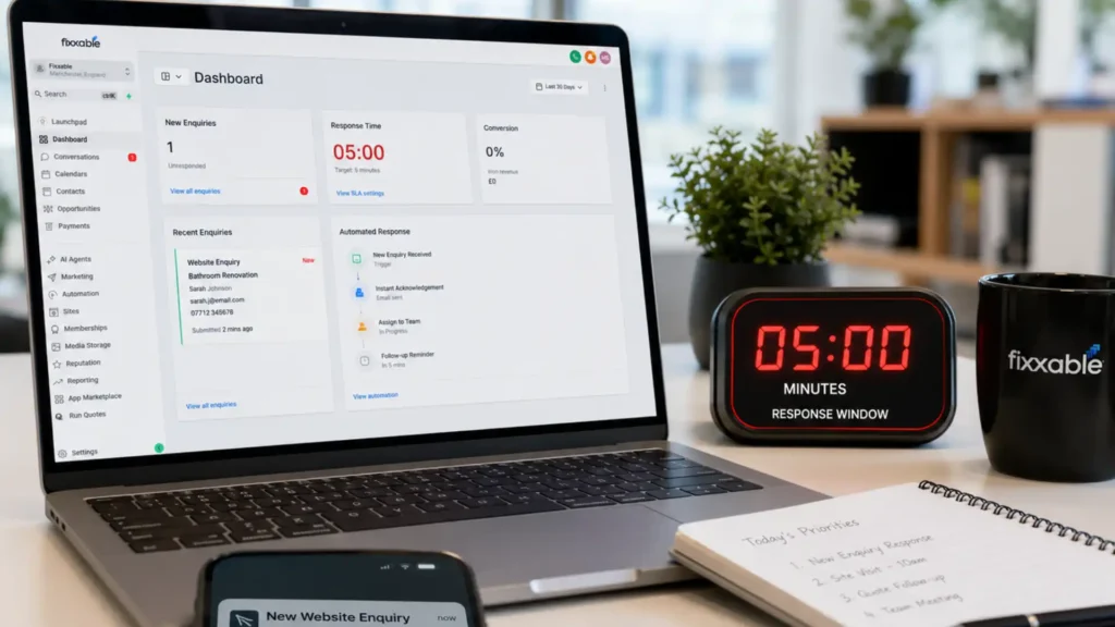 Lead response time — clock showing 5-minute window for responding to website enquiry