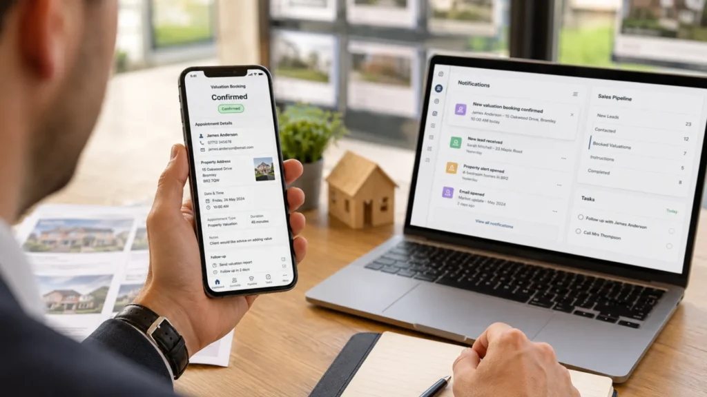 Automated lead capture estate agent — property valuation booking confirmation on a smartphone screen with CRM notification