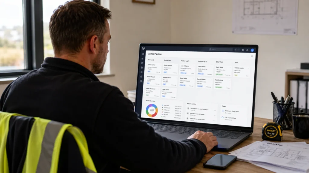 CRM dashboard tracking quote follow-up stages for a UK building business.