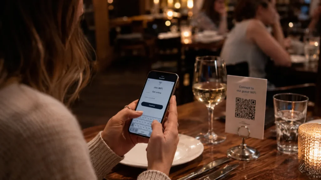 Diner scanning a QR code to join a restaurant email list via WiFi login