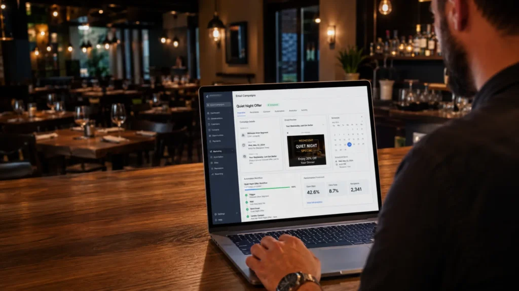Email marketing automation dashboard showing a scheduled quiet-night promotion