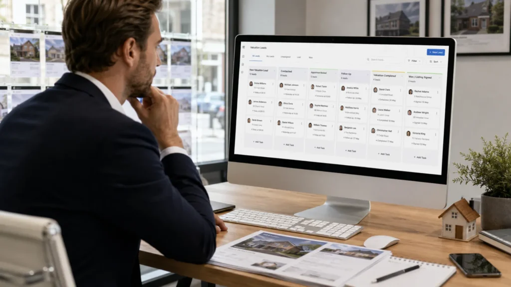 Estate agent lead capture automation — CRM pipeline showing property valuation leads at different stages of the follow-up sequence