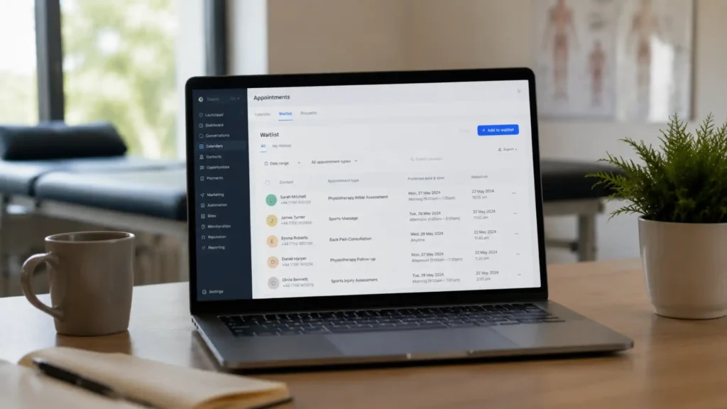 Physiotherapy clinic dashboard showing waitlist automation and physio appointment booking management