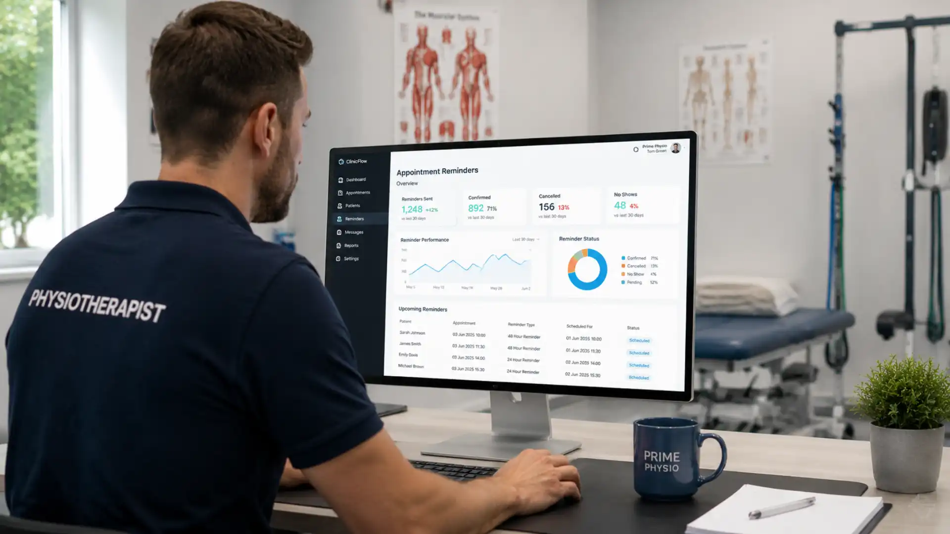 Physiotherapist reviewing automated appointment reminders to reduce physio no-shows on a clinic dashboard