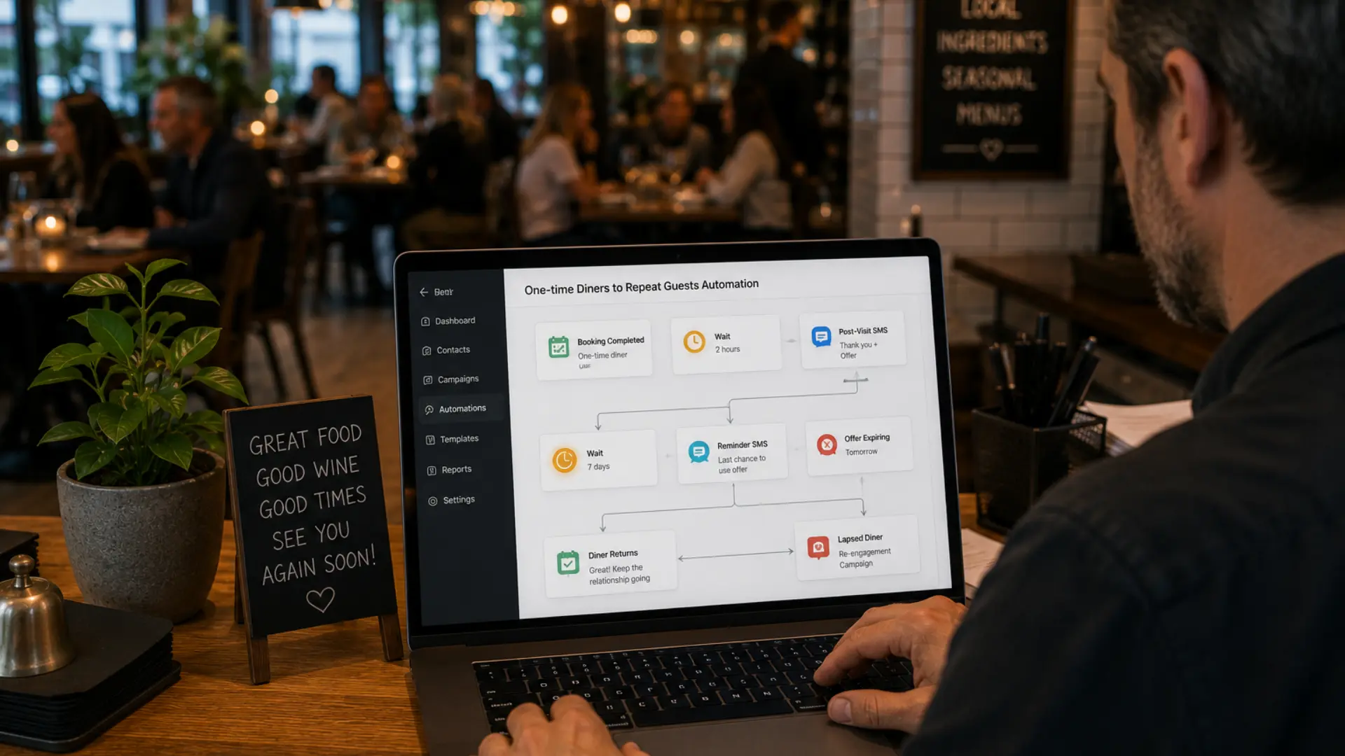 Restaurant owner using marketing automation dashboard to improve restaurant customer retention