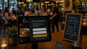 Restaurant email list sign-up screen shown on a tablet at the host stand