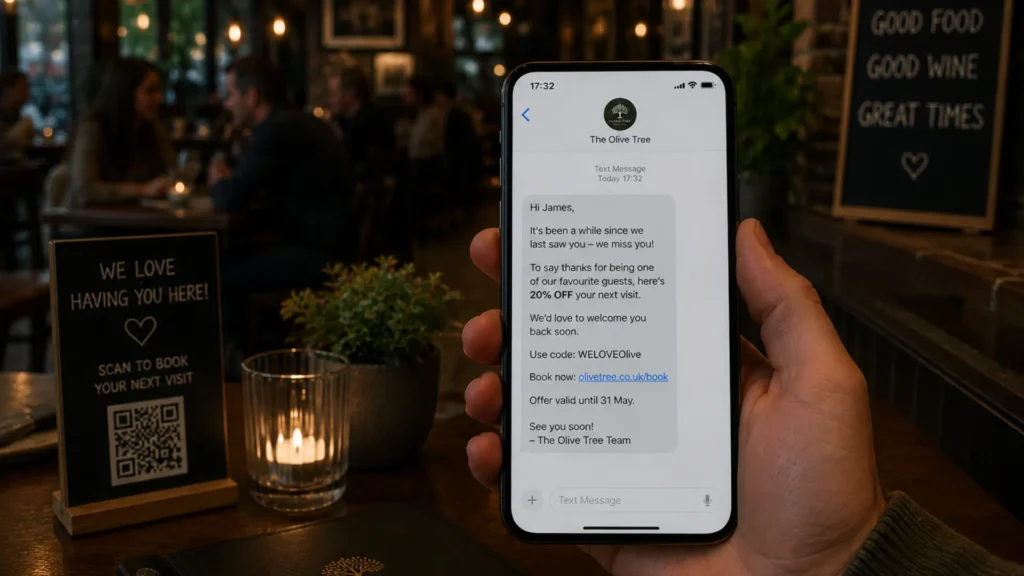 Restaurant birthday offer SMS showing restaurant marketing automation for repeat diners