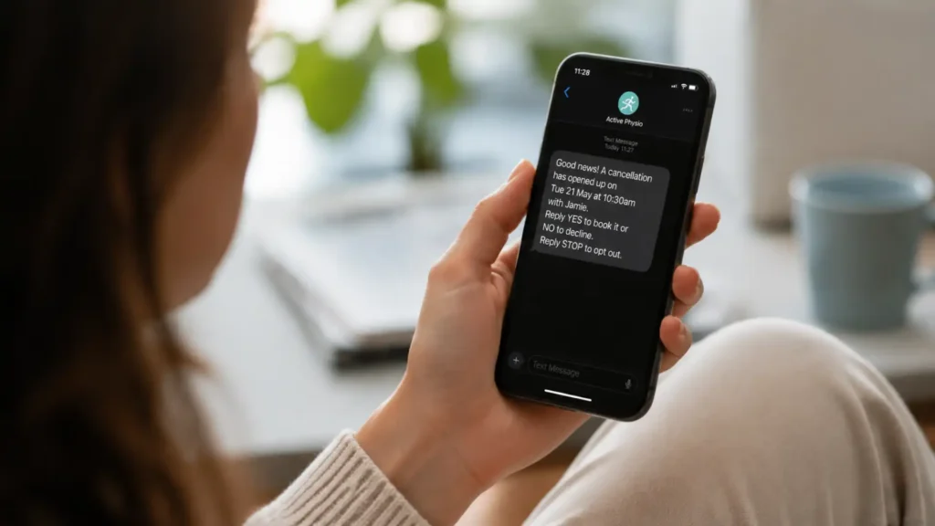 Waitlist automation sending instant SMS notification to physio patient about open cancellation slot