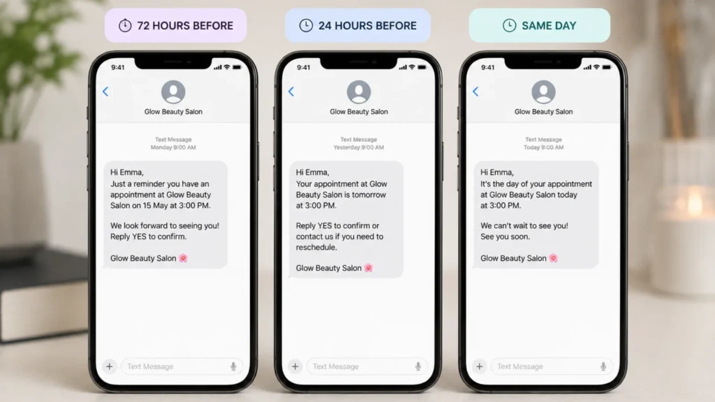 Beauty salon appointment reminders — automated SMS reminder sequence on smartphone screens showing 72 hour, 24 hour, and same-day messages