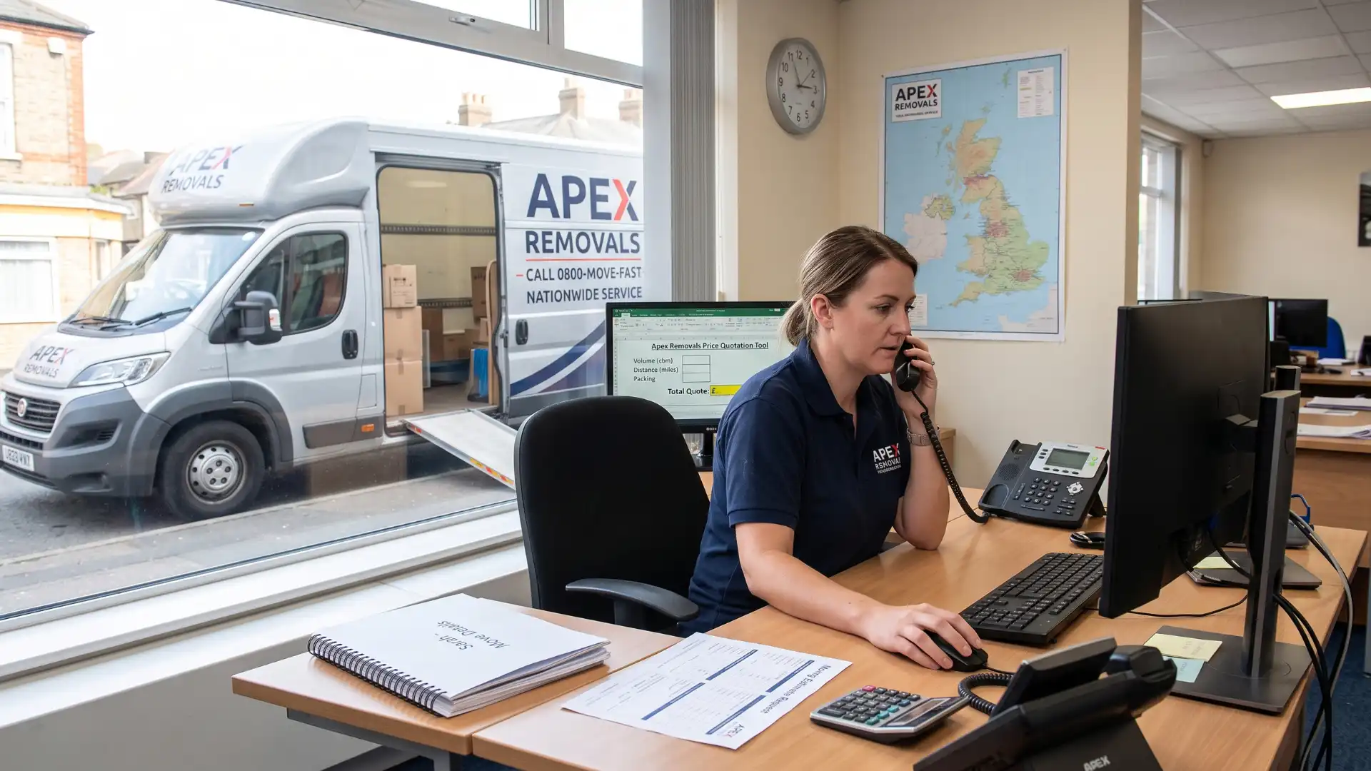 Removal company coordinator preparing a fast, professional moving quote