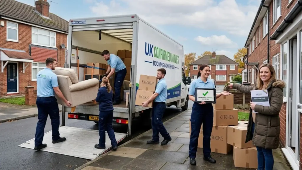 Removal crew loading a van on moving day after an automated booking confirmation