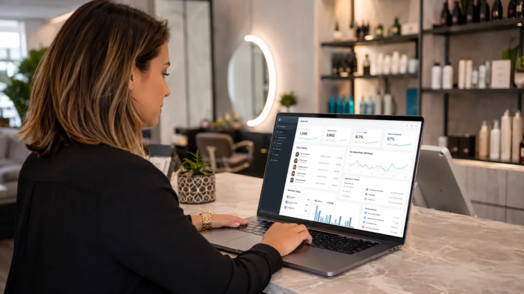 Salon booking automation — beauty salon owner reviewing CRM client history and no-show patterns on a laptop dashboard