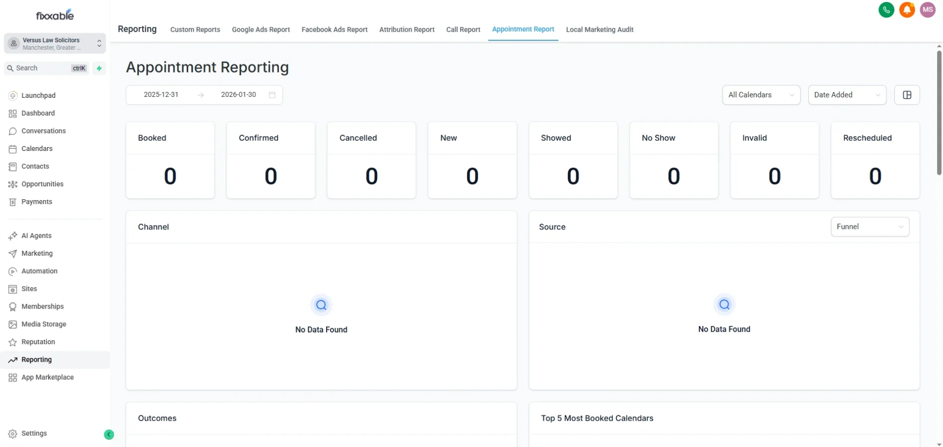 Appointment reporting dashboard with no data